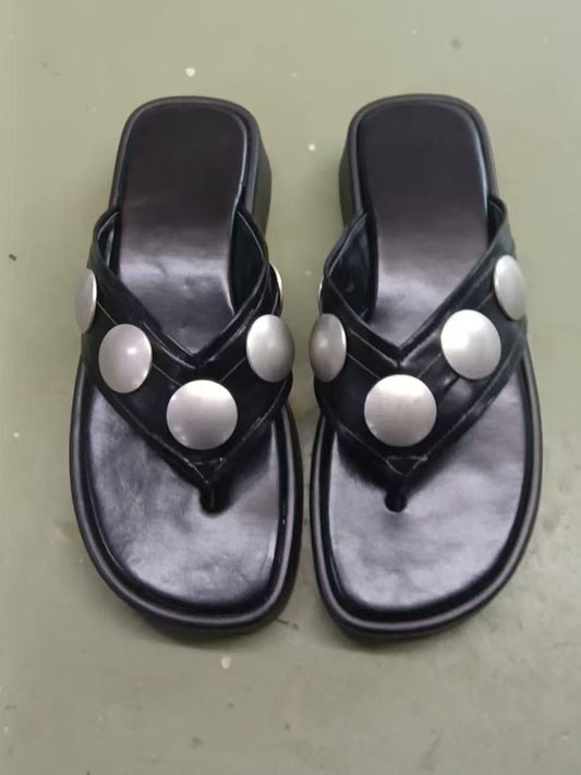 Women's 2025 New Fashion Joker Metal Decorative Thick Bottom Clip Toe Design Slippers