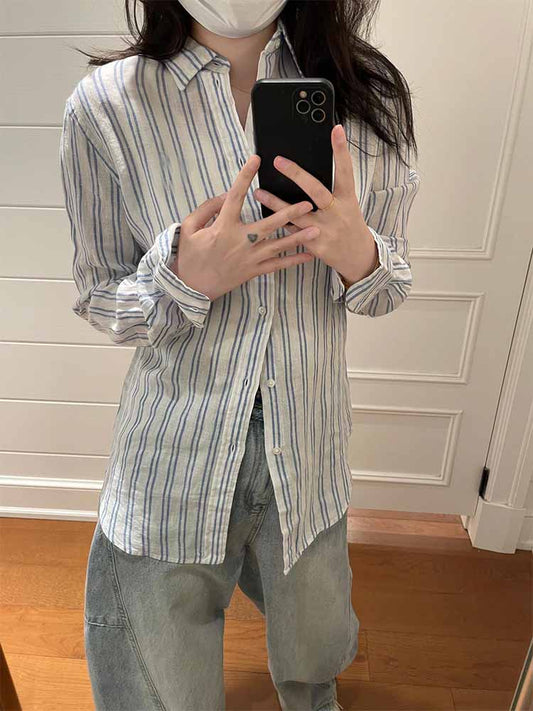 Women's New Fashion Joker Casual Sun Protection Embroidered Slub Cotton Pinstripe Lapel Long Sleeve Shirt Top.