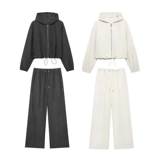 Women's new Fashion casual short hooded flight jacket Coat retro long sleeved zipper women's Coat chic top+Pants Women's suit