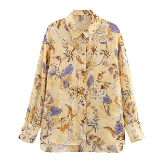 Women's new fashion long sleeved linen blended printed button up shirt