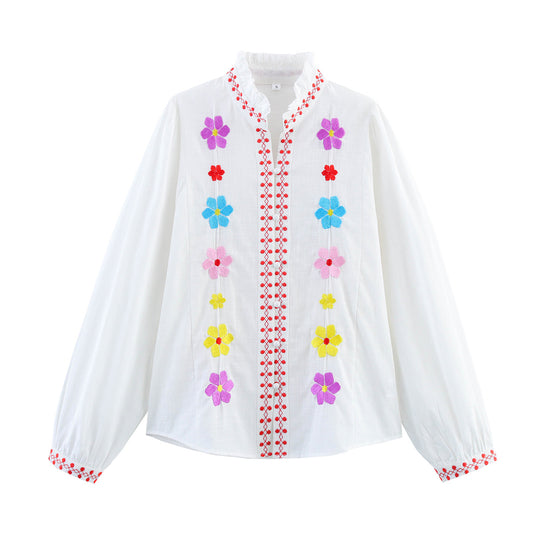 Women 2025 New Sweet Fashion Embroidery Blouses Vintage Long Sleeve Female Shirts Tops