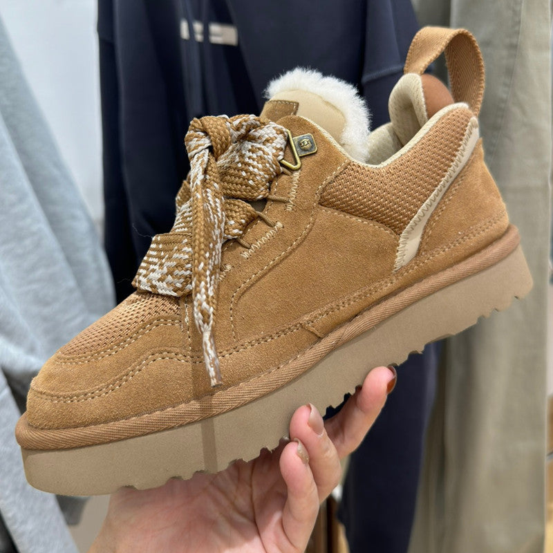 Women's lace-up thick soled padded cotton shoes with velvet for winter warmth have a shoe box