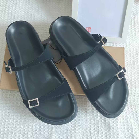 Women's New Fashion Casual Joker Flat Sandals with Buckle Rhinestone Women Drag Black Satin Fashion Flat Sandals.
