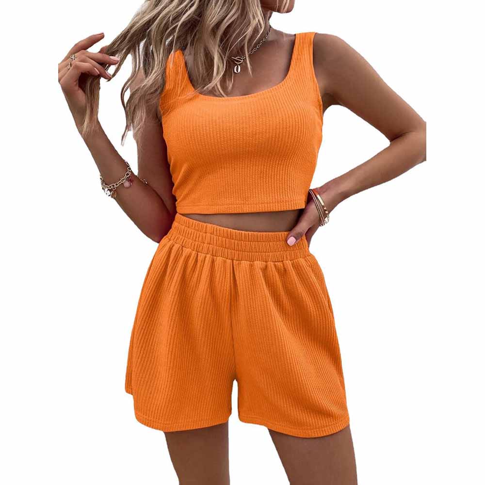 Women's new fashion knitted sleeveless short vest casual solid color elastic waist loose shorts fashion suit