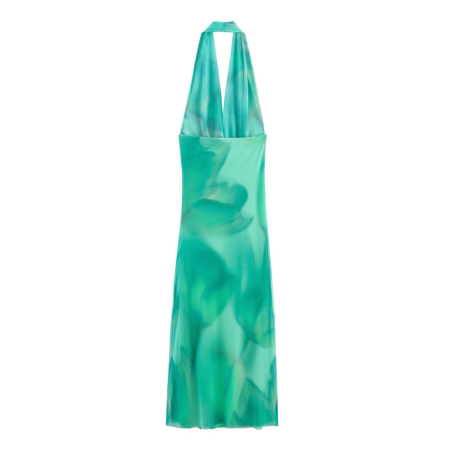 Women's new fashion sleeveless tulle print hanging neck MIDI dress
