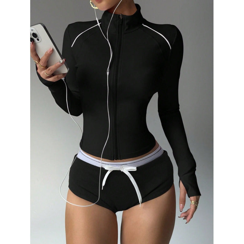 Women's Short Sports Yoga Slim Fit Stand Collar Long Sleeve Jacket