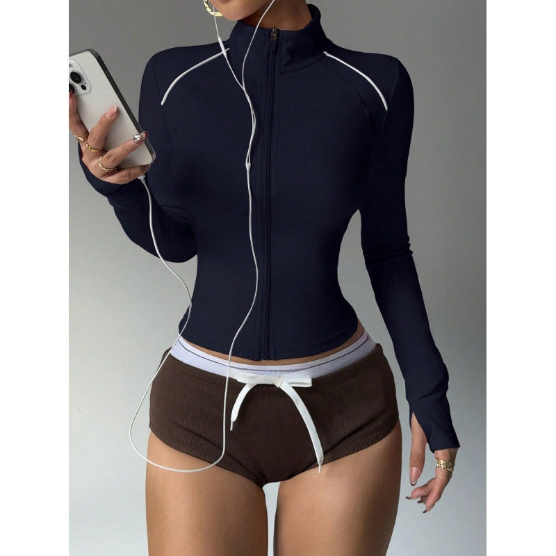 Women's Short Sports Yoga Slim Fit Stand Collar Long Sleeve Jacket