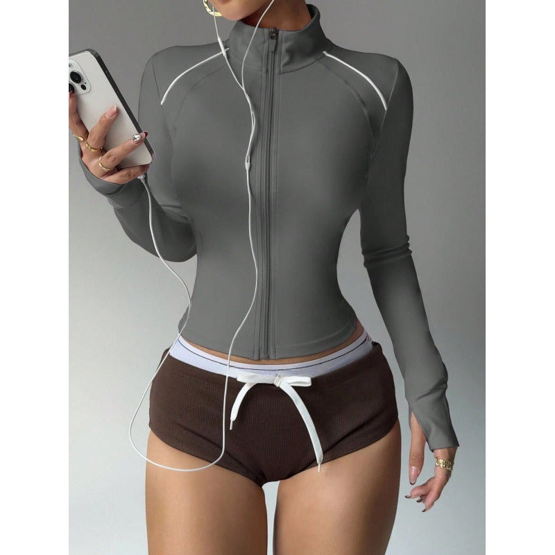 Women's Short Sports Yoga Slim Fit Stand Collar Long Sleeve Jacket