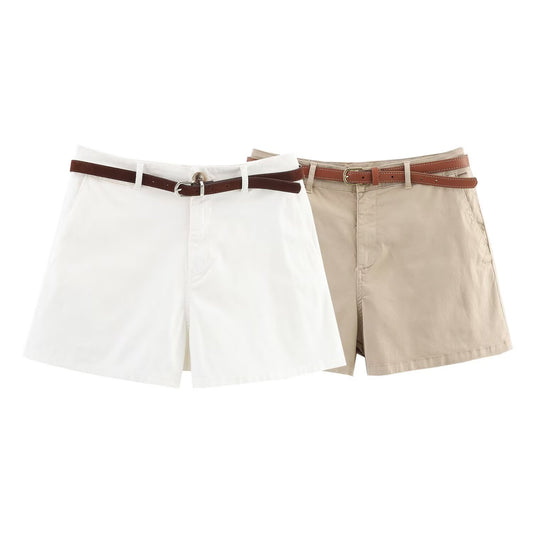 Women's' New Fashion With Belt Side Pocket Casual Versatile High Waist Shorts