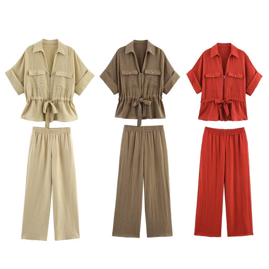 Women's' new fashion With Belt casual short sleeved zipper shirt+Pants Women's suit