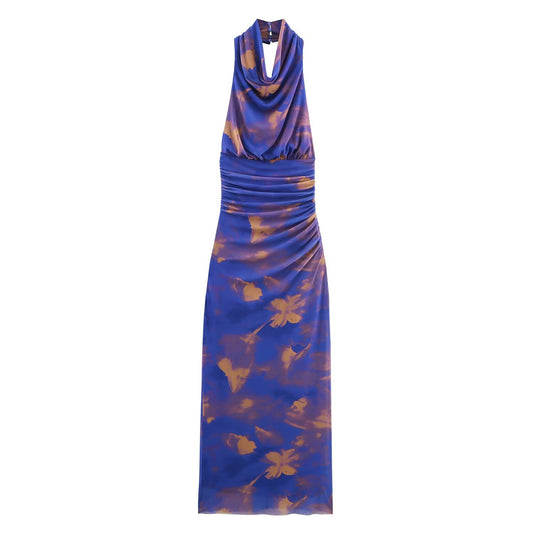 Women's new fashion sleeveless tulle printed pleated Midi dress