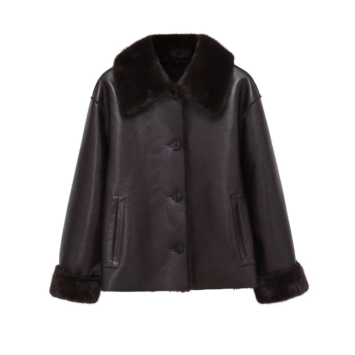 Women's faux fur effect double-sided Faux Leather jacket Coat