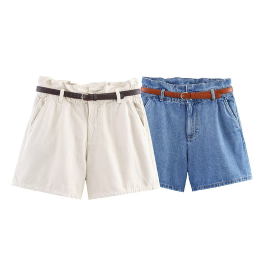 Women's new fashion with Belt paper bag style casual high waisted denim shorts