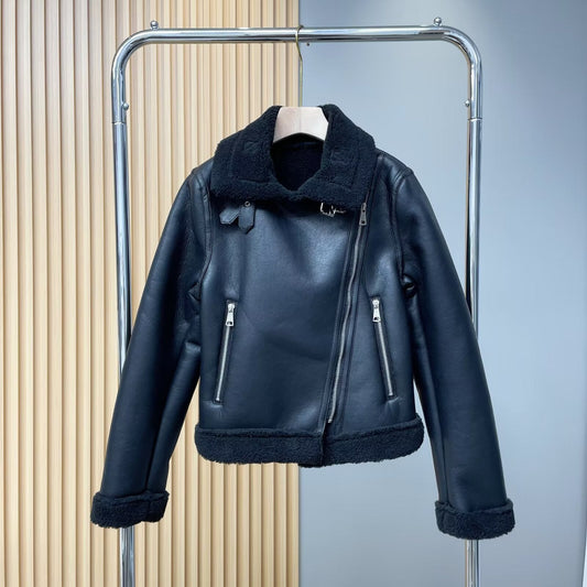 Women's black double-sided Fur Faux Leather jacket Coat