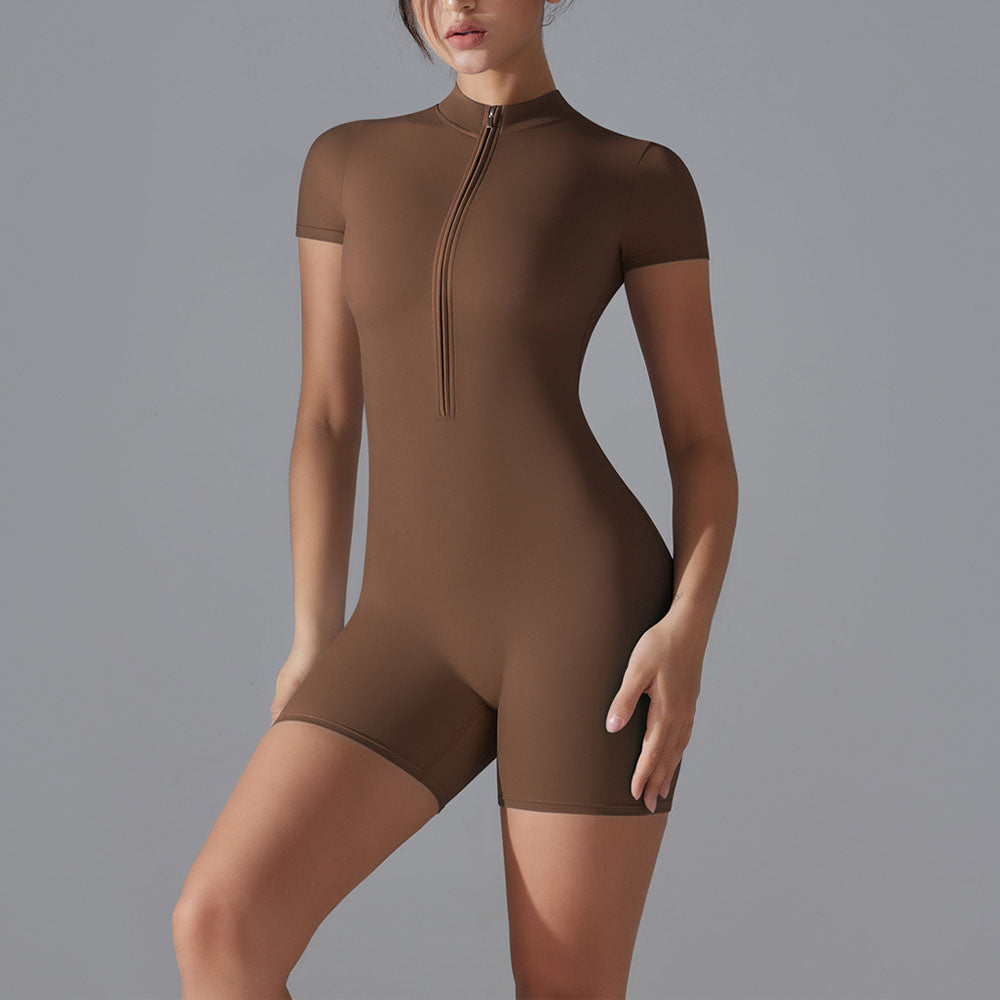 Women's Nude One-piece Yoga Clothes Stand Collar Half-open Zipper Short Sleeve Fitness Jumpsuit Tight Sports Jumpsuit