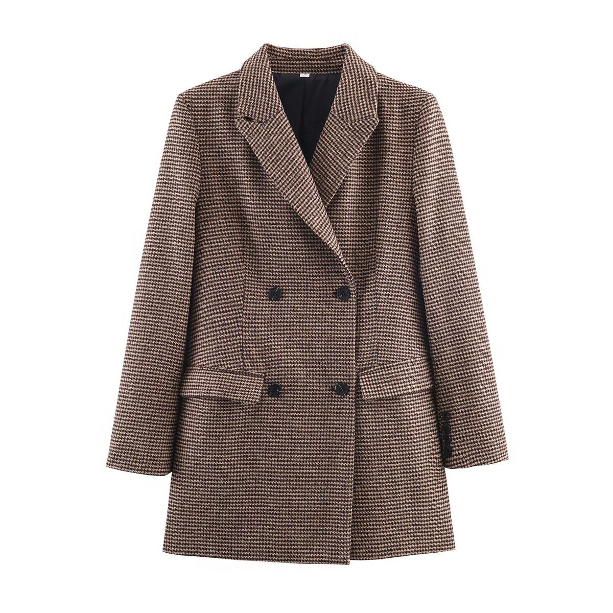 Women's mid length style double breasted Plaid Blazer Coat
