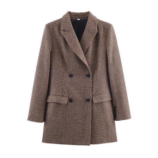 Women's mid length style double breasted Plaid Blazer Coat