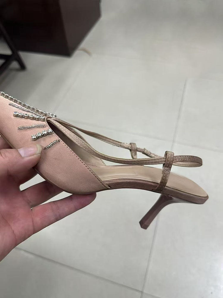 Women's New Fashion Joker Pointed Rhinestone Chain Decorative Stiletto Sandals.