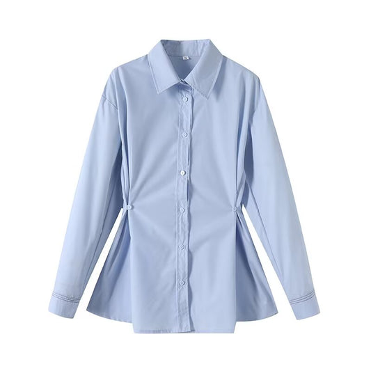 Women's new fashion waist button decoration casual versatile shirt retro long sleeved women's shirt chic top
