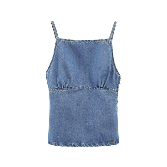Women's 2025 new fashion pleated decoration slim versatile camisole denim top retro sleeveless backless women's vest chic top