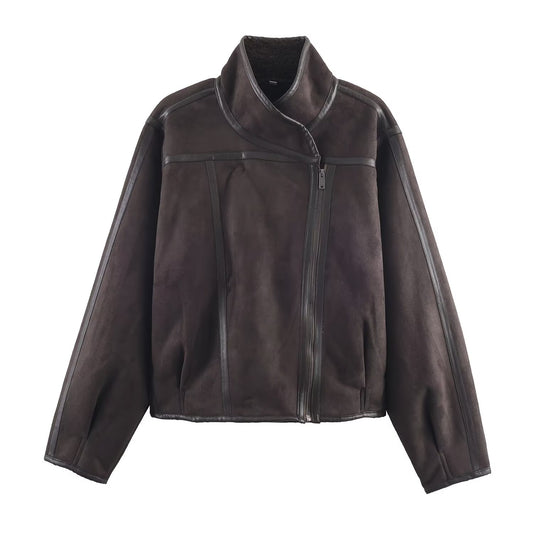 Women's stand collar Fur Faux Leather double-sided jacket Coat