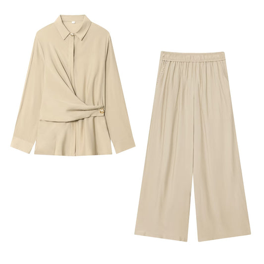 Women's New Fashion gold button long sleeved shirt+Pants suit