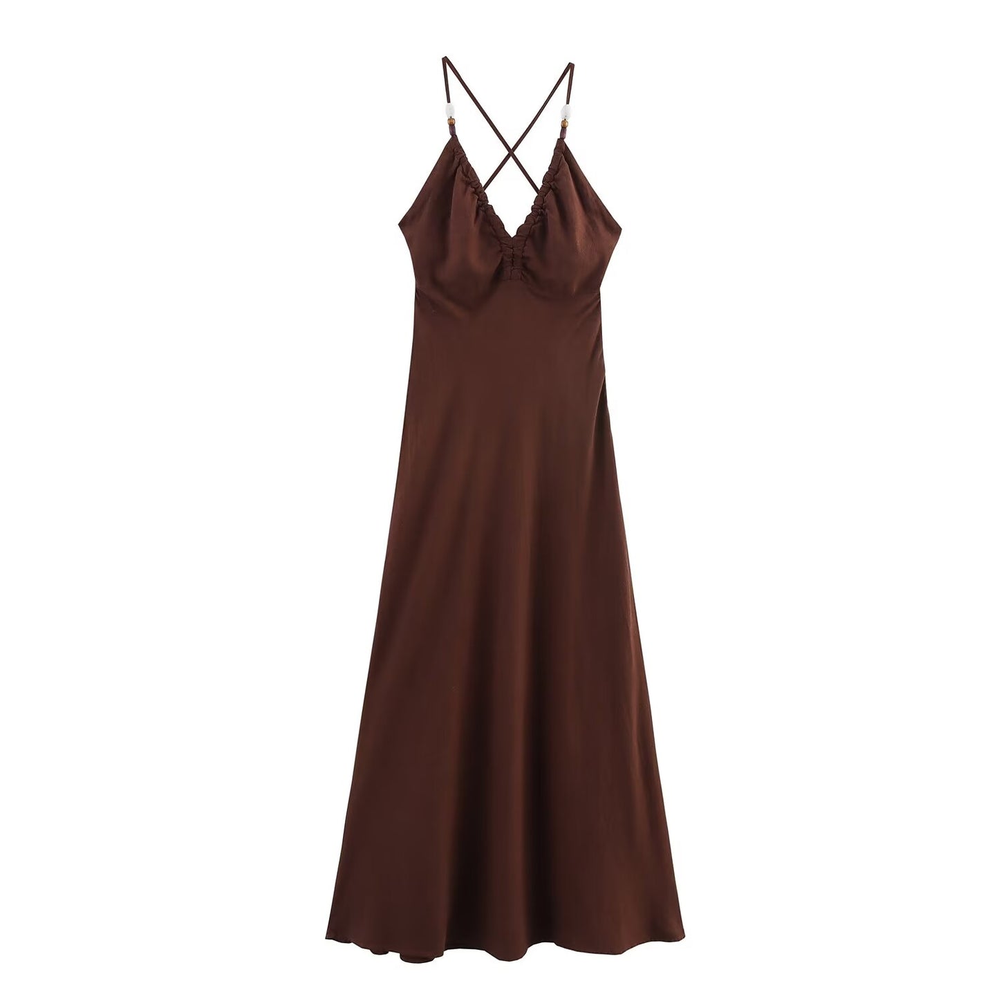 Women's' new fashion slim backless V-neck linen blended suspender MIDI dress