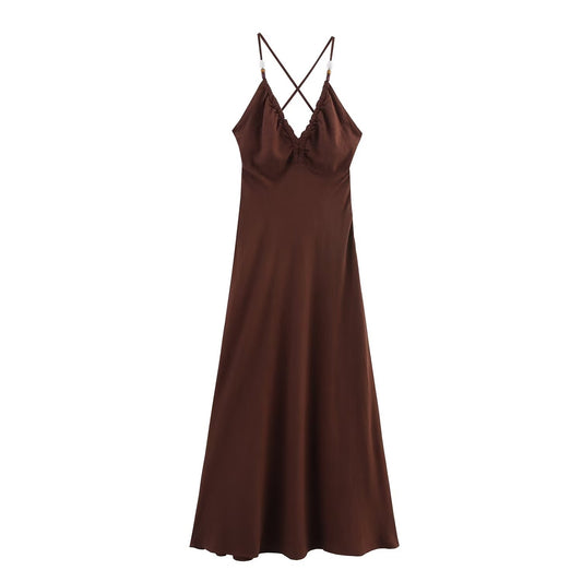 Women's' new fashion slim backless V-neck linen blended suspender MIDI dress