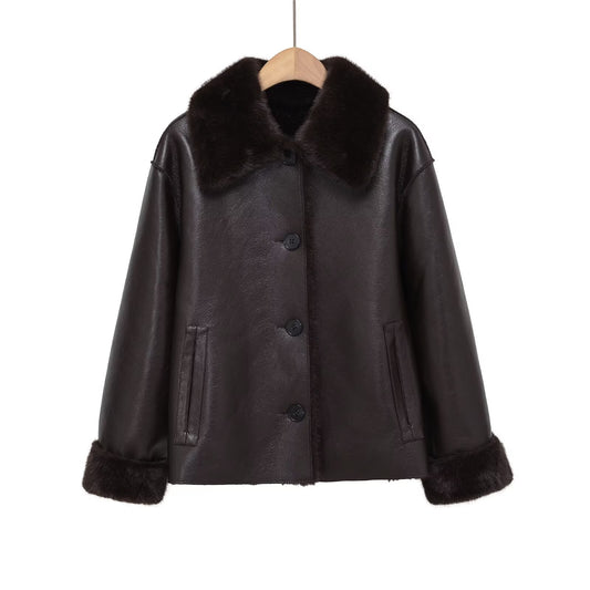 Women's faux fur effect double-sided Faux Leather jacket Coat