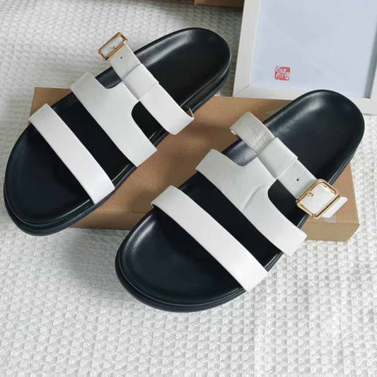 Women's New Fashion Casual Joker Flat Shoes with Leather Sandals and Metal Buckles Women's Flat Sandals and Slippers.