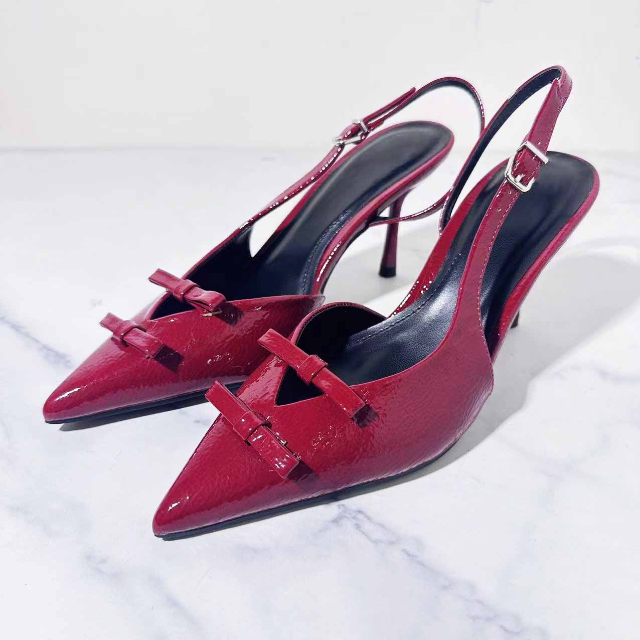Women's New Fashion Joker Patent Leather Red Bow Pointed High-heeled Slippers