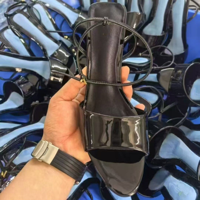 Women's 2025 New Fashion Joker Patent Leather Effect Small Round Head Strap High-heeled Sandals.