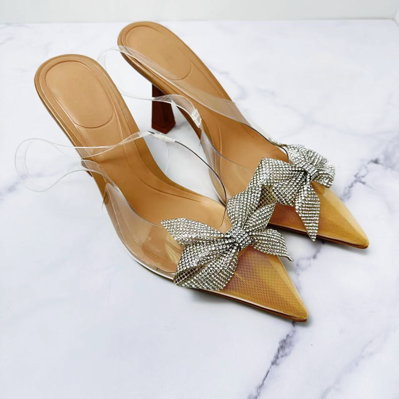 Women's New Fashion Joker Pointed Rhinestone Bow Transparent High-heeled Shoes Stiletto Heel Strap Women's Sandals
