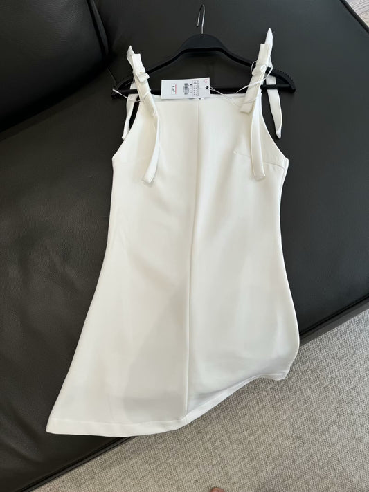 Women's new fashion bow shoulder strap decoration slim straight neck mini dress retro sleeveless back zipper women's dress Mujer