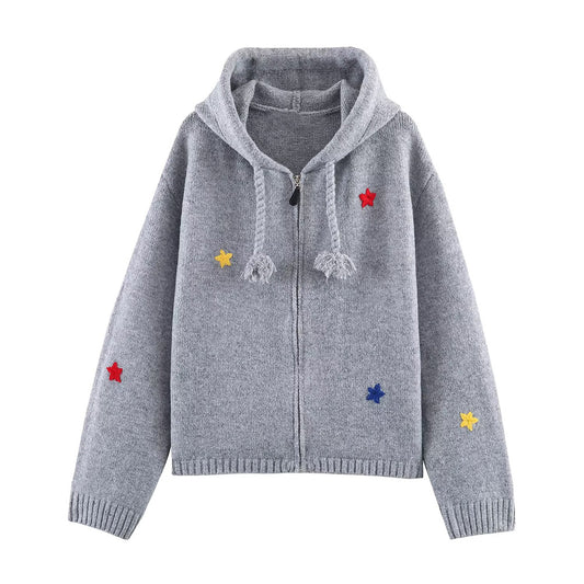 Women's hooded drawstring jacquard knitted cardigan