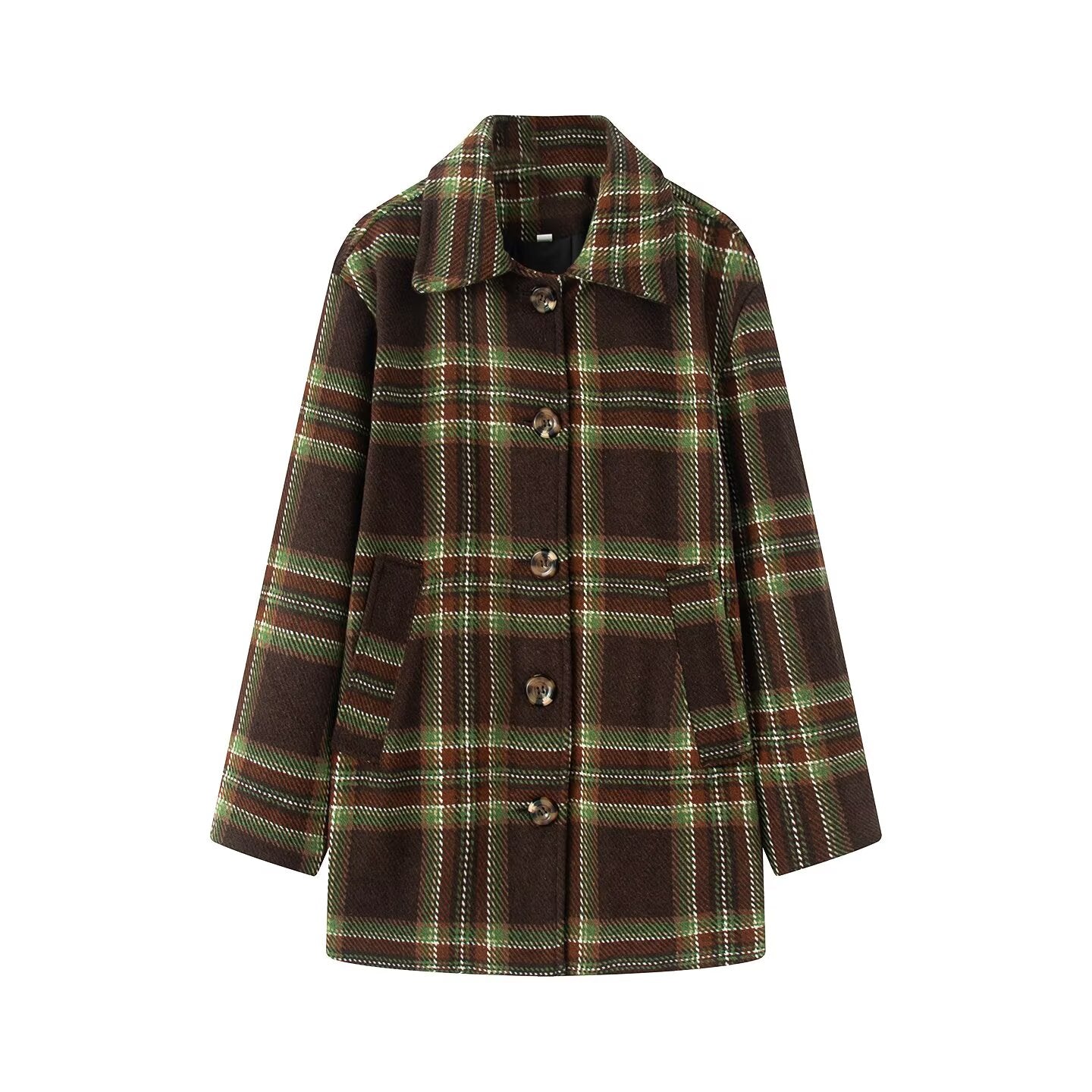 Women's loose single breasted plaid woolen blend Coat