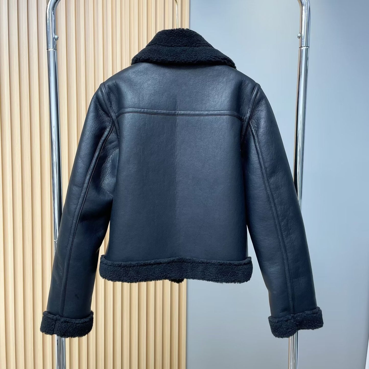 Women's black double-sided Fur Faux Leather jacket Coat