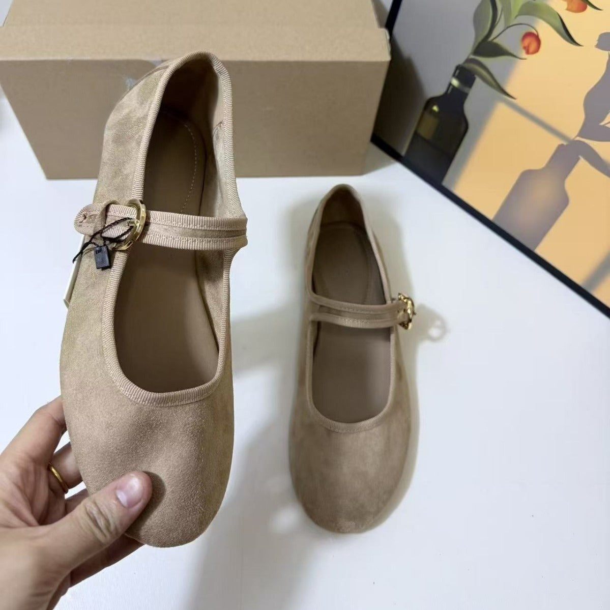 Women's new fashion Joker pull with suede shallow retro round-headed flat-bottomed ballet women's shoes