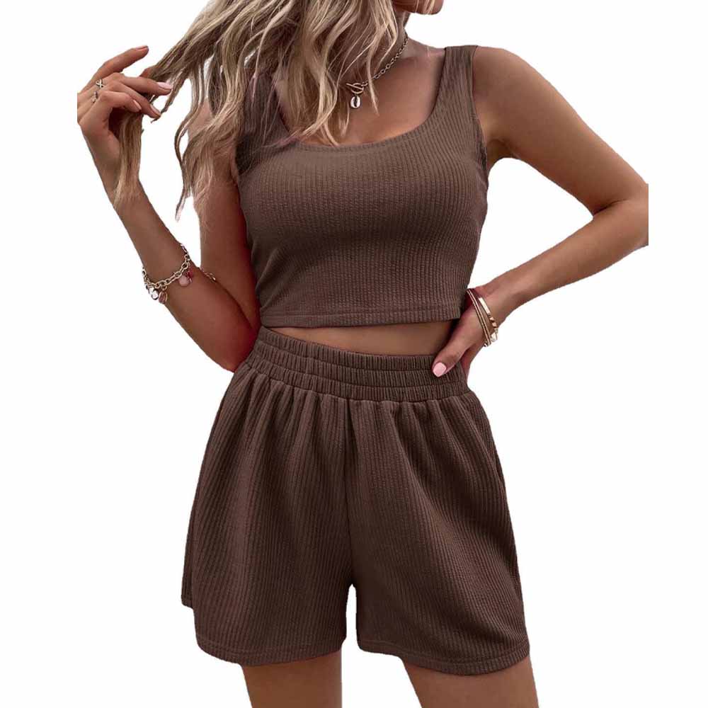 Women's new fashion knitted sleeveless short vest casual solid color elastic waist loose shorts fashion suit