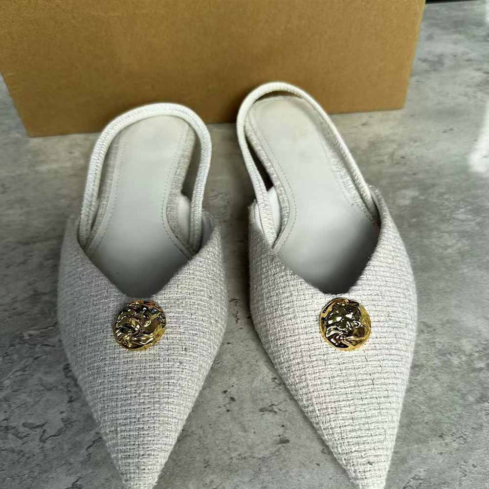 Women's New Temperament Joker Linen Fabric Metal Inlaid Pointed Kitten with Empty High Heels.