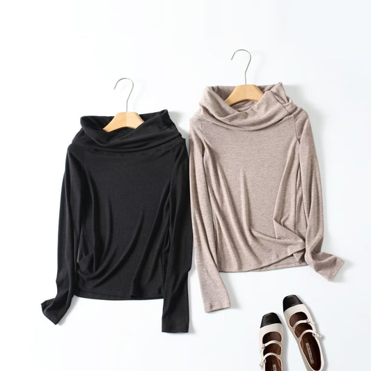 Women's new elastic slim off shoulder long sleeved T-shirt
