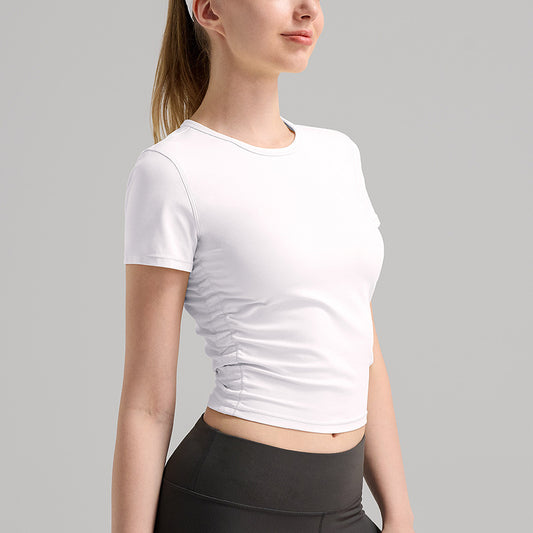 LU Women's 2025 New Fashion Rib Yoga Short-sleeved Quick-drying Breathable Top with Pleats on Both Sides Designed for Running T-shirt.