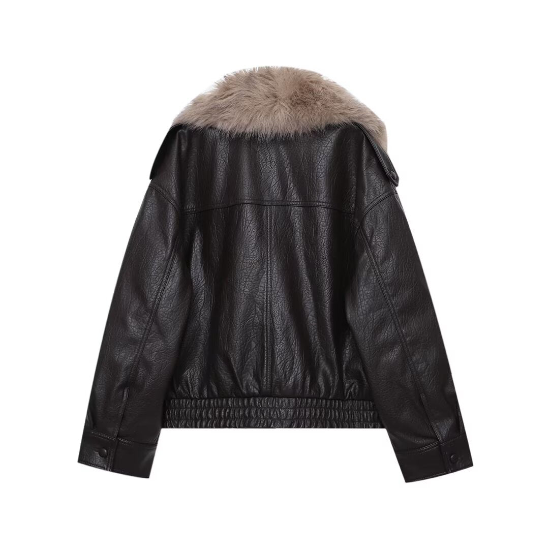 Women's detachable collar Faux Leather jacket Coat