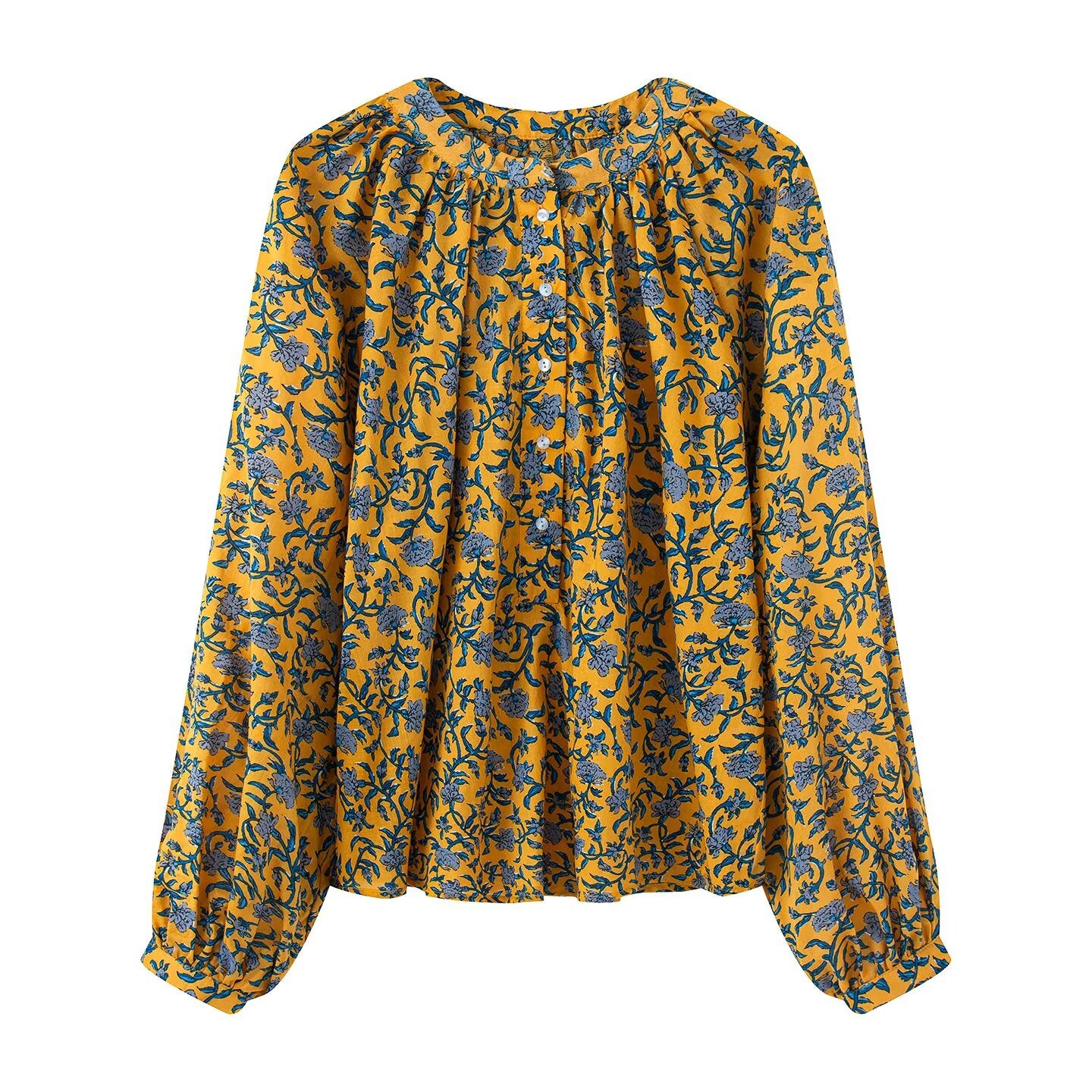 Ladies' 2025 New Fashion Loose Single breasted Lantern Sleeve Printed Top