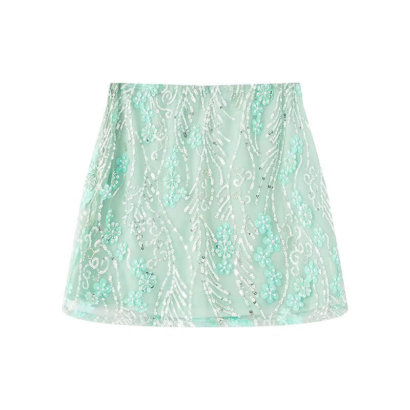 Ladies' 2025 New Fashion Flower sequin Decoration Slim Embroidered Mesh Mini Skirt