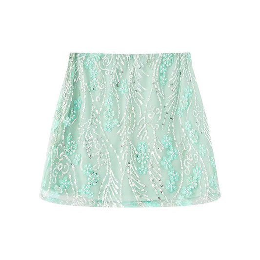 Ladies' 2025 New Fashion Flower sequin Decoration Slim Embroidered Mesh Mini Skirt