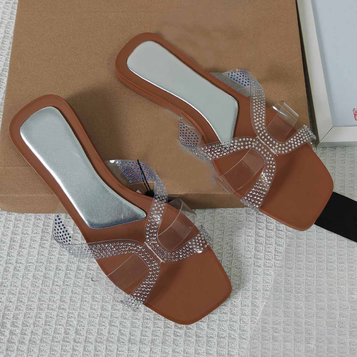 Women's New Casual Joker Transparent Drilling Flat Shoes Comfortable Sandals and Slippers