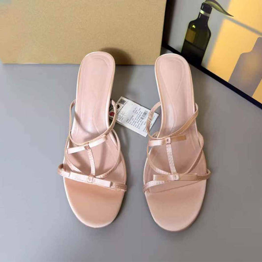 Women's New Fashion Joker Satin Bow with Round Head High-heeled Sandals.