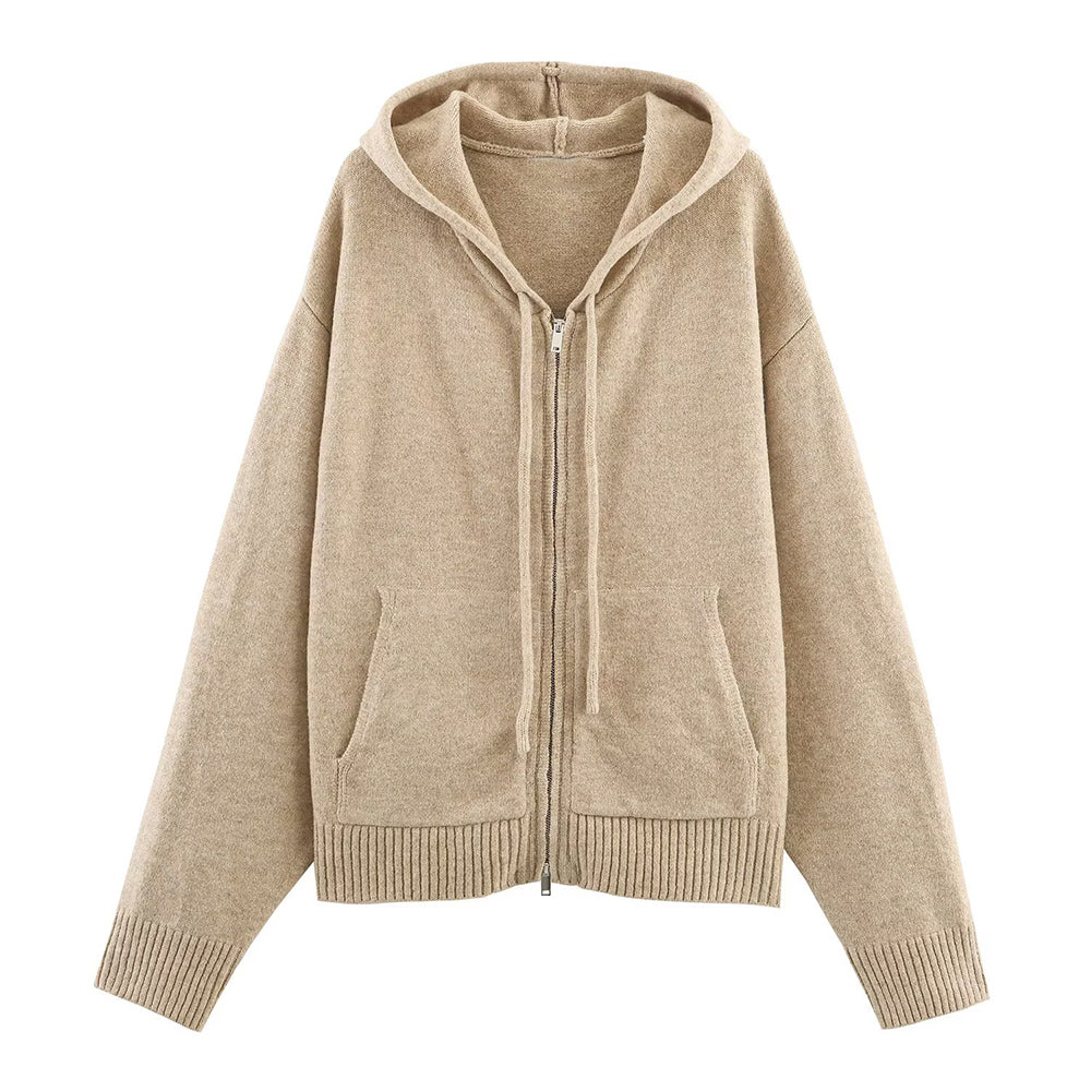 Women's 2025 New Loose Zipper Knitted hooded sweatshirt