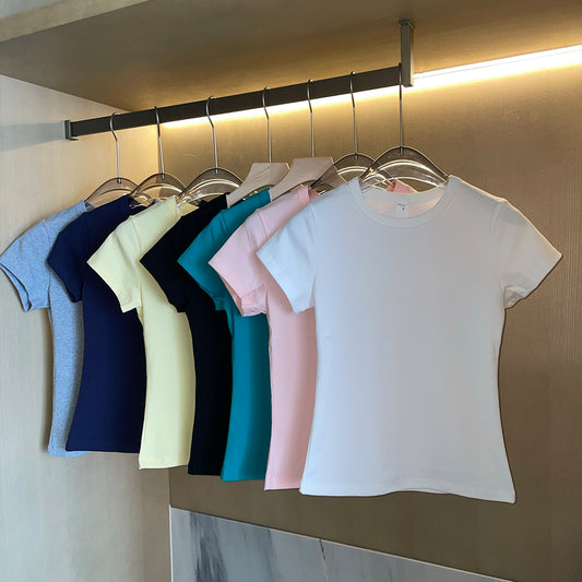 Women's New Fashion Casual Joker Shoulder Solid Color Short-sleeved O-neck T-shirt Retro Women's Chic T-shirt.